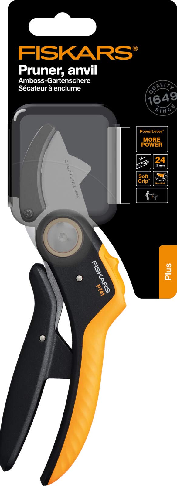 Fiskars Amboss-Gartenschere, Plus PowerLever, P741, Für trockenes und hartes Holz, Antihaftbeschichtet, Edelstahl-Klingen, Länge: 22,1 cm, Schwarz/Orange, 1057171