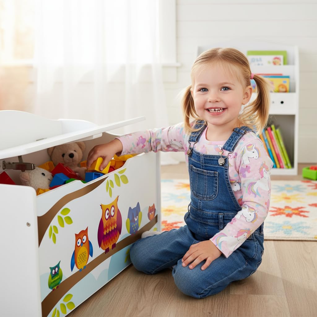 Leomark Kinderbank Hölzerne - Eulen XL - Kindertruhenbank, Behälter für Spielzeug, Truhe für Kinderzimmer, Kindermöbel, Sitzbank Höhe: 46 cm