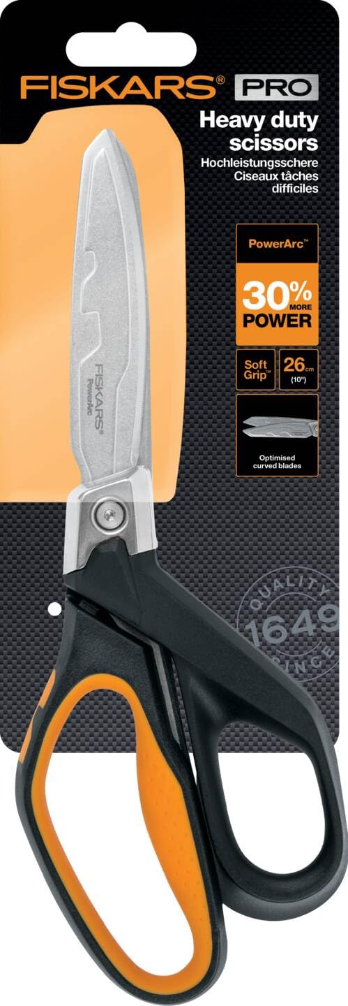 Fiskars Hochleistungsschere, Bis zu 30% mehr Kraft, Länge 26 cm, Langlebiger rostfreier Stahl/Kunststoff, Schwarz/Orange, PowerArc, 1027205