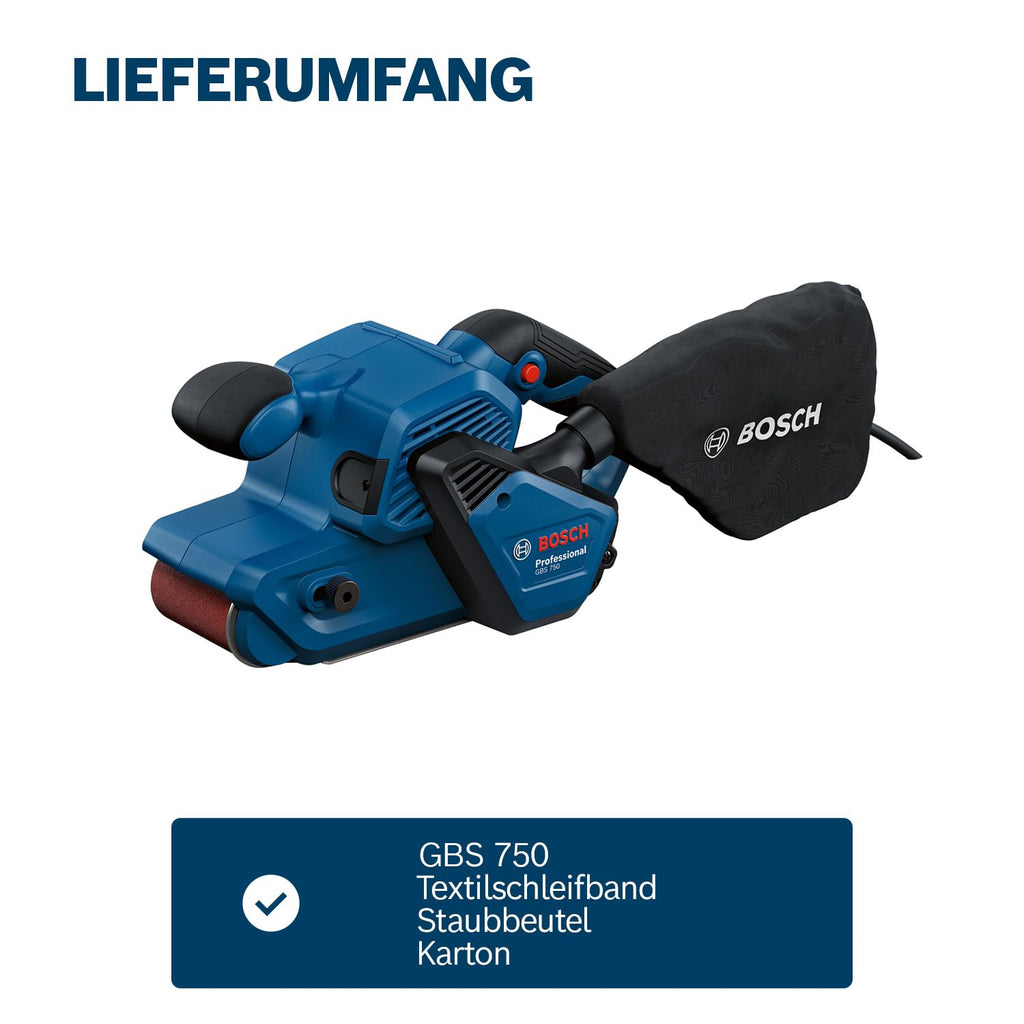 Bosch Professional Bandschleifer GBS 750 (850-W-Motor, inkl. Textilschleifband, Staubbeutel)
