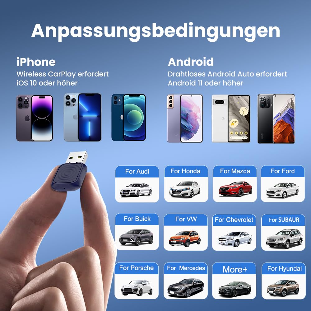 Carlinkit 2025 kabelloser CarPlay & Android Auto Adapter, Upgrade von kabelgebundener auf kabellose Verbindung, Plug & Play mit USB-A/Typ-C, Funktioniert mit iPhone iOS 10+ & Android 11.0+