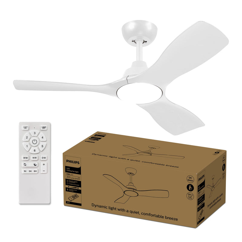 Philips Deckenventilator mit festem Flügel, 3 Flügel, klein (42"), 28 W LED-Licht, Gleichstrommotor, Farbtemperaturbereich (3000 K, 4300 K, 6500 K) mit Dimmfunktion, inkl. Fernbedienung
