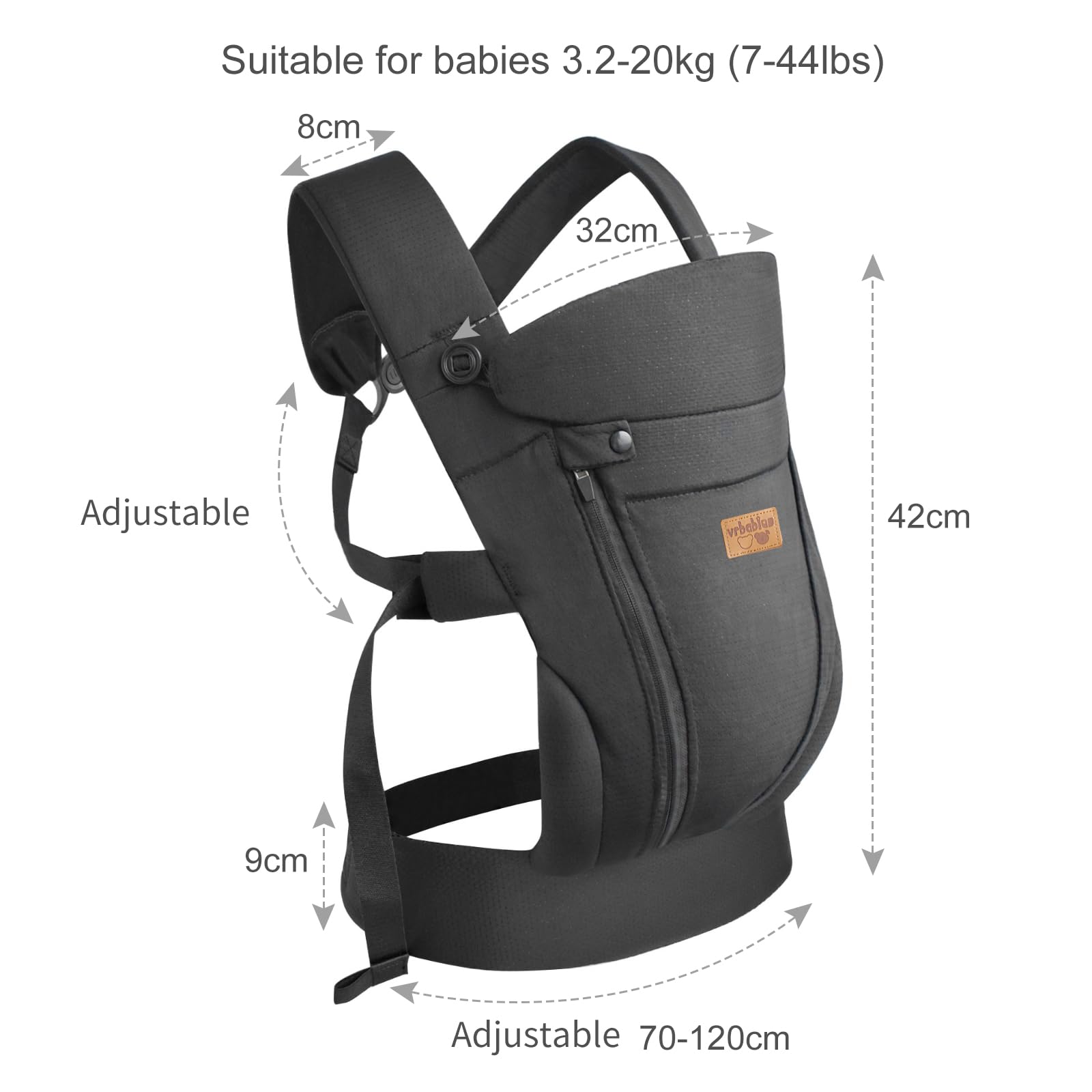 vrbabies Babytrage für Neugeborene ab Geburt,Ergonomische,mit Verstellbarer Gürtel,Baby Bauchtrage Rückentrage,Leicht＆Atmungsaktiv-4-15kg(Schwarz - mit Gürtel)