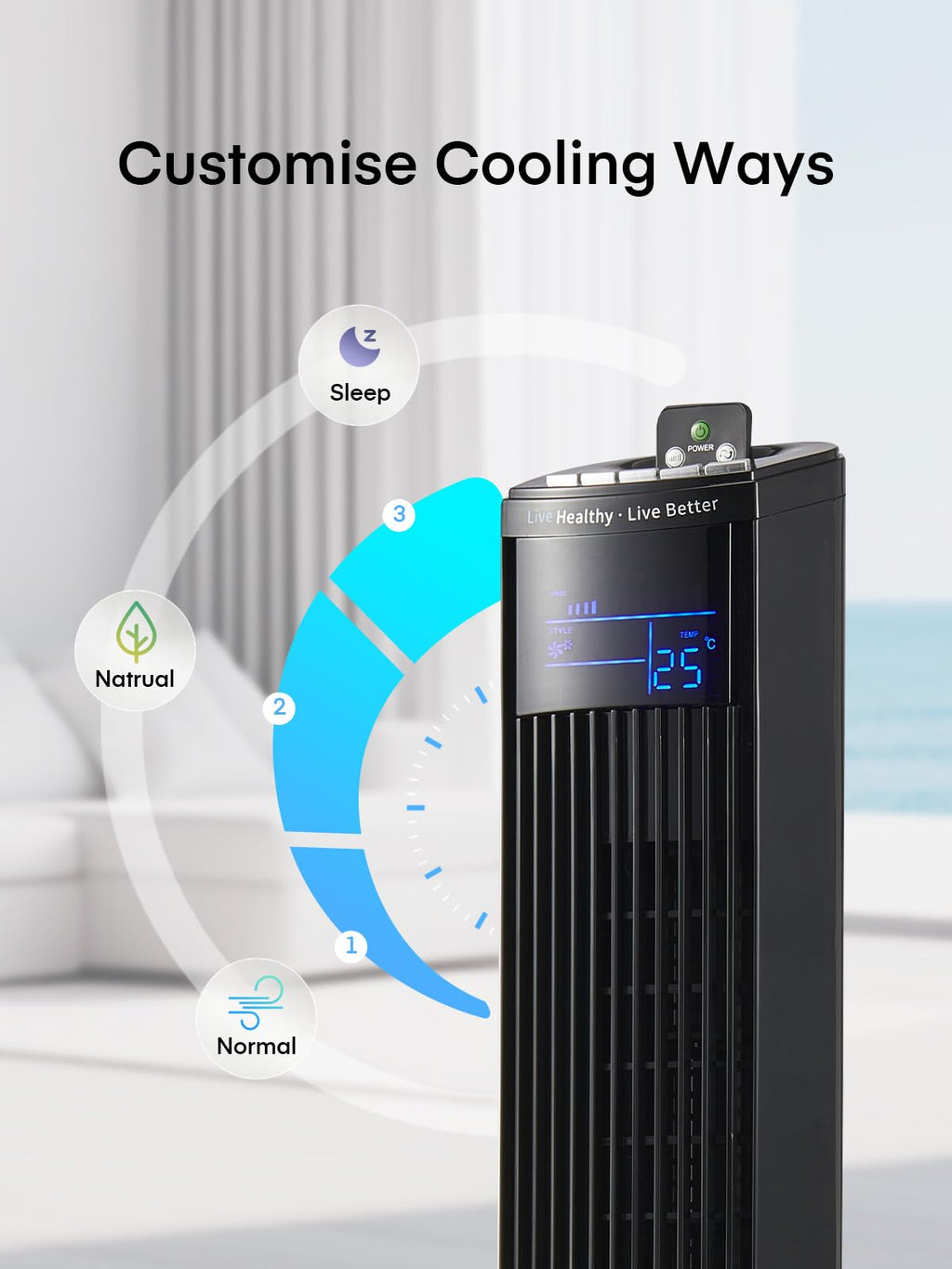 FOHERE Leiser Turmventilator, 91CM Oszillierender Stand Ventilator mit Kühlung Fernbedienung, 12-Stunden-Timer und Schlafmodus, Tragbarer Ventilator ohne Flügel für Schlafzimmer, Schwarz