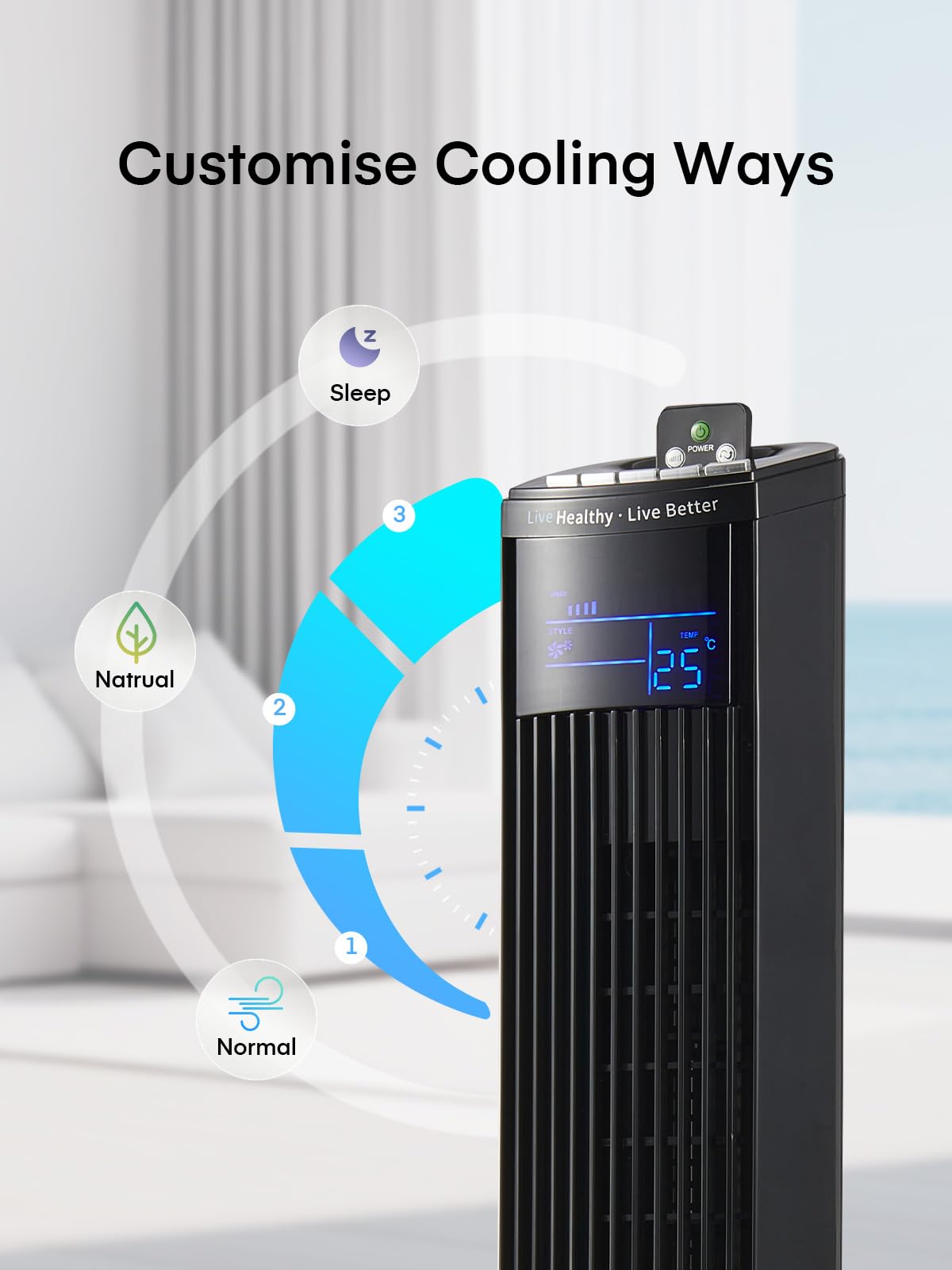 FOHERE Leiser Turmventilator, 91CM Oszillierender Stand Ventilator mit Kühlung Fernbedienung, 12-Stunden-Timer und Schlafmodus, Tragbarer Ventilator ohne Flügel für Schlafzimmer, Schwarz