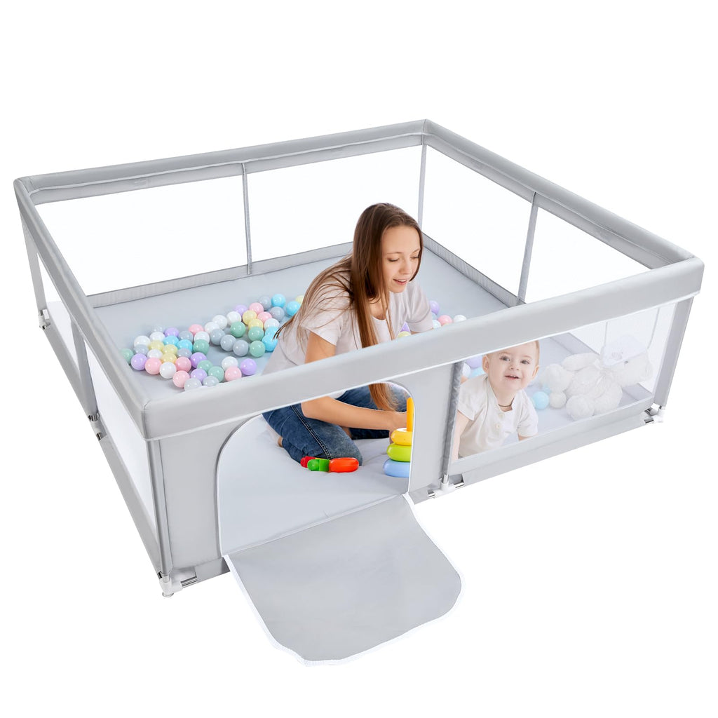 BEJOY Großer Laufstall Laufgitter XXL 180*200 cm, Kompakt und Stark, Schaumstoffschutz Rutschfester mit Transparentem, Atmungsaktivem Netz, Reißverschluss für Babys & Kleinkinder Indoor & Outdoor