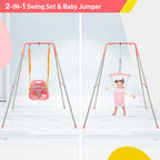 FUNLIO 2-in-1 Schaukeln Set und Baby Türhopser für Kleinkinder, Schaukelset für Kinder mit 4 Sandsäcken, Faltbarer Metallständer für drinnen und draußen, einfach zu montieren und aufzubewahren - Rosa