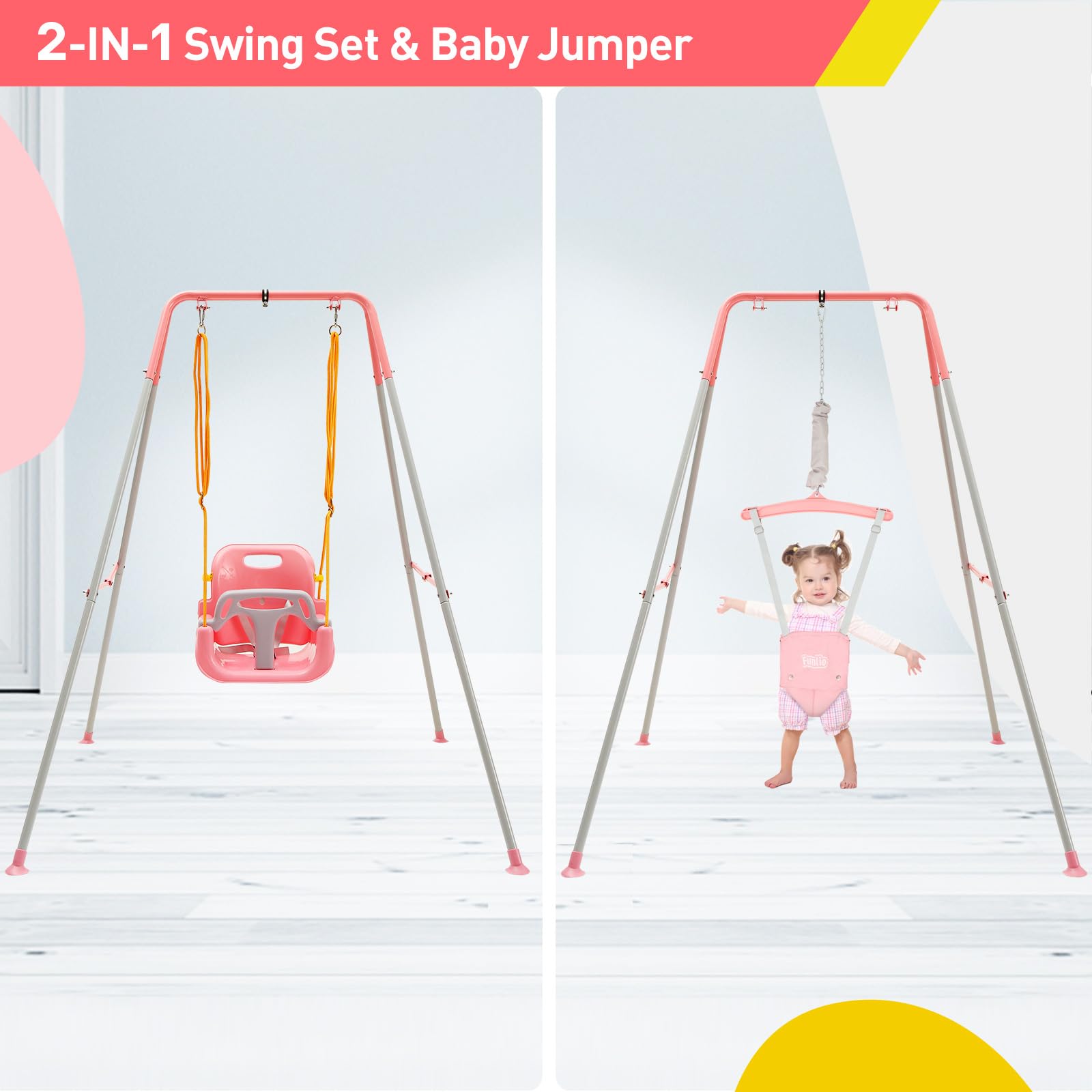 FUNLIO 2-in-1 Schaukeln Set und Baby Türhopser für Kleinkinder, Schaukelset für Kinder mit 4 Sandsäcken, Faltbarer Metallständer für drinnen und draußen, einfach zu montieren und aufzubewahren - Rosa
