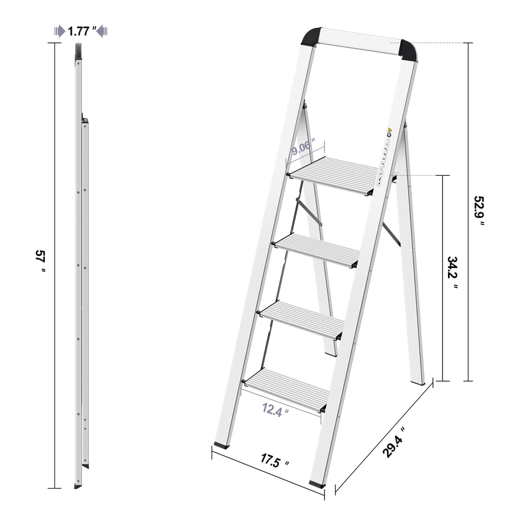 KINGRACK Leiter Aluminium, Trittleiter 4 stufen klappbar, leiter 4 stufen mit Handlauf, rutschfeste Haushaltsleiter mit Klappsicherung, Aluleiter Belastbar bis 150 kg, für Zuhause, Büro, Garten,Silber