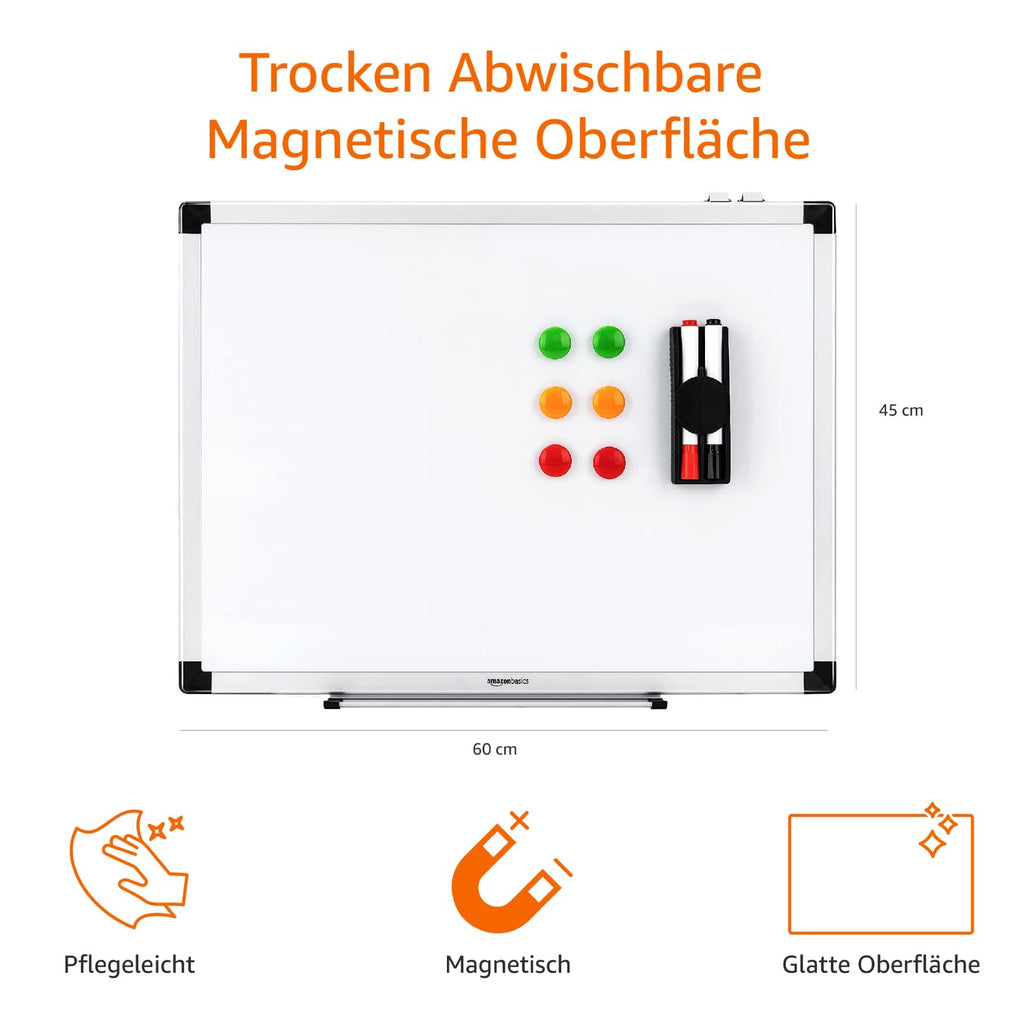 Amazon Basics Magnetisches Whiteboard mit Stiftablage und Aluminiumleisten, trocken abwischbar, 60 cm x 45 cm (B x H), Weiß