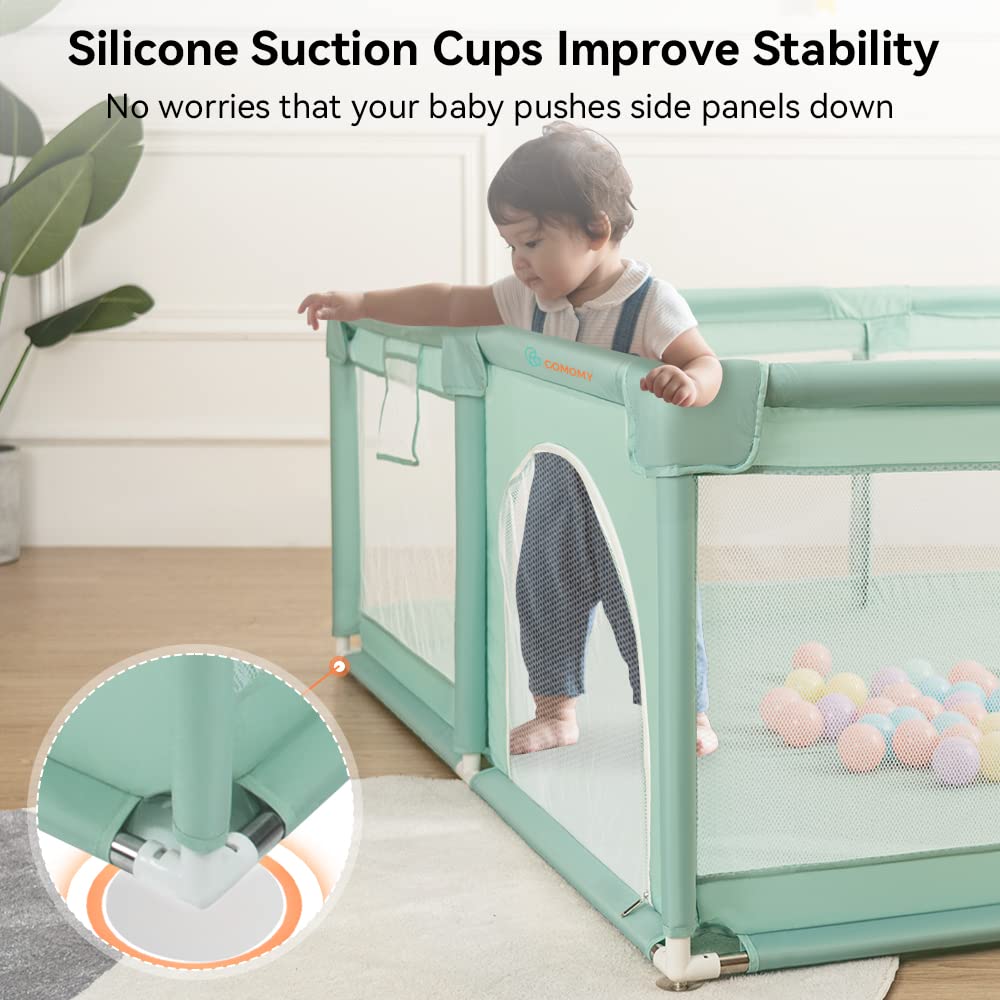COMOMY Laufstall Baby, 180x200x66cm Laufgitter Baby Große XXL Sicherheitsspielplatz Schutzgitter für Kinder mit Weichem Netz, Rutschfestem Oxford Bottom, Bällen, Mini-Körbchen und 4 Zugringen, Grün