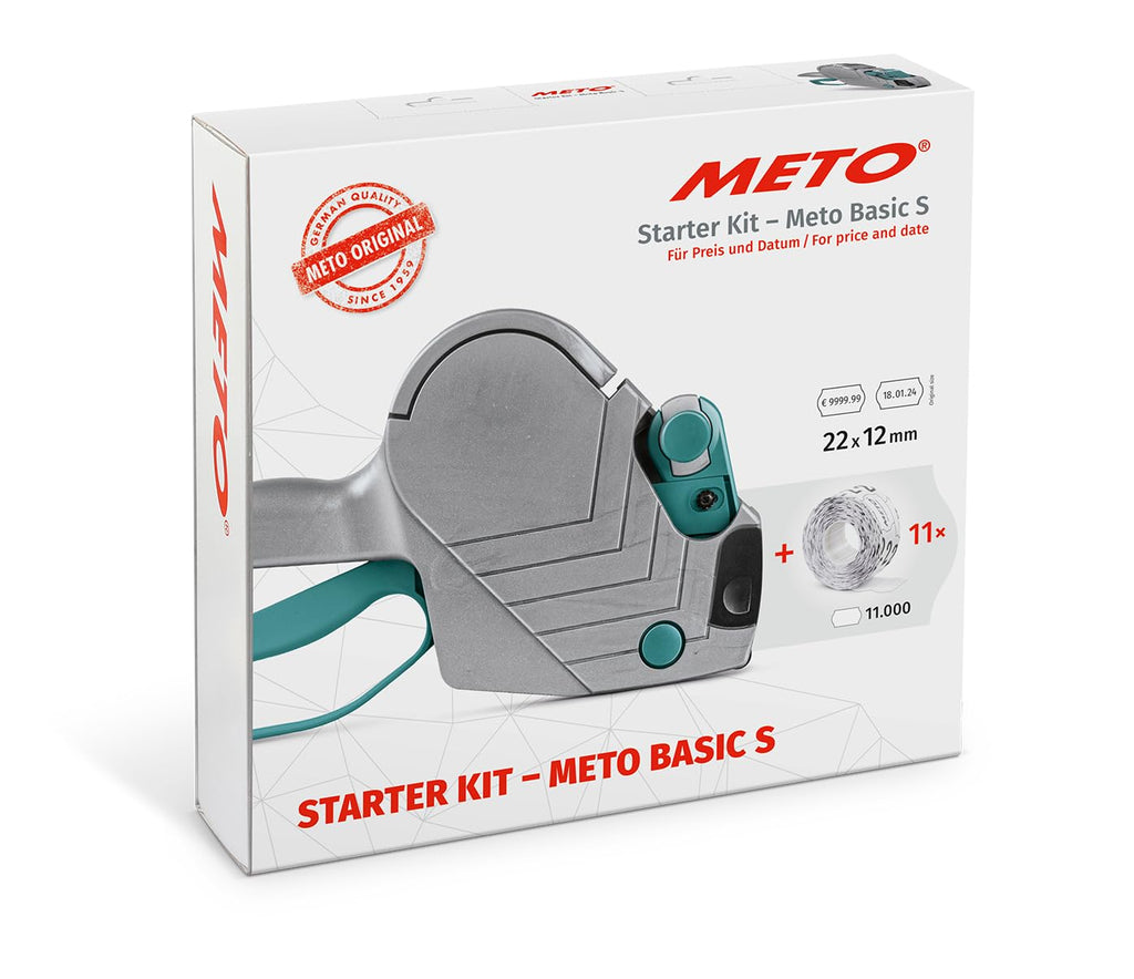 Meto Basic S Starter Kit inkl. 11.000 Etiketten – Preis, Datum, MHD (1-zeilig, 8-stellig für 22x12 mm Etiketten, sofort einsatzbereit) Handauszeichner + 11 Etikettenrollen