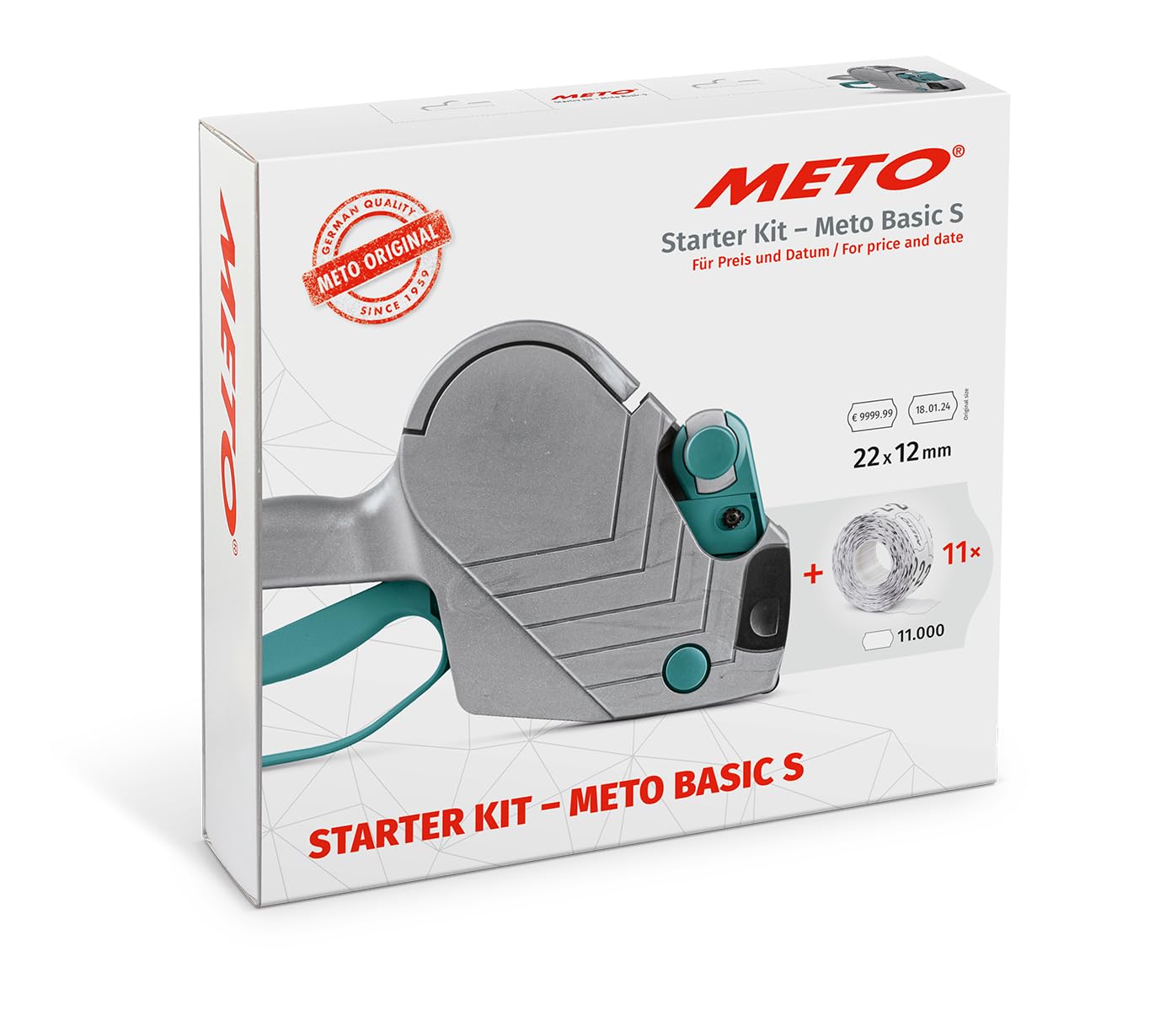 Meto Basic S Starter Kit inkl. 11.000 Etiketten – Preis, Datum, MHD (1-zeilig, 8-stellig für 22x12 mm Etiketten, sofort einsatzbereit) Handauszeichner + 11 Etikettenrollen