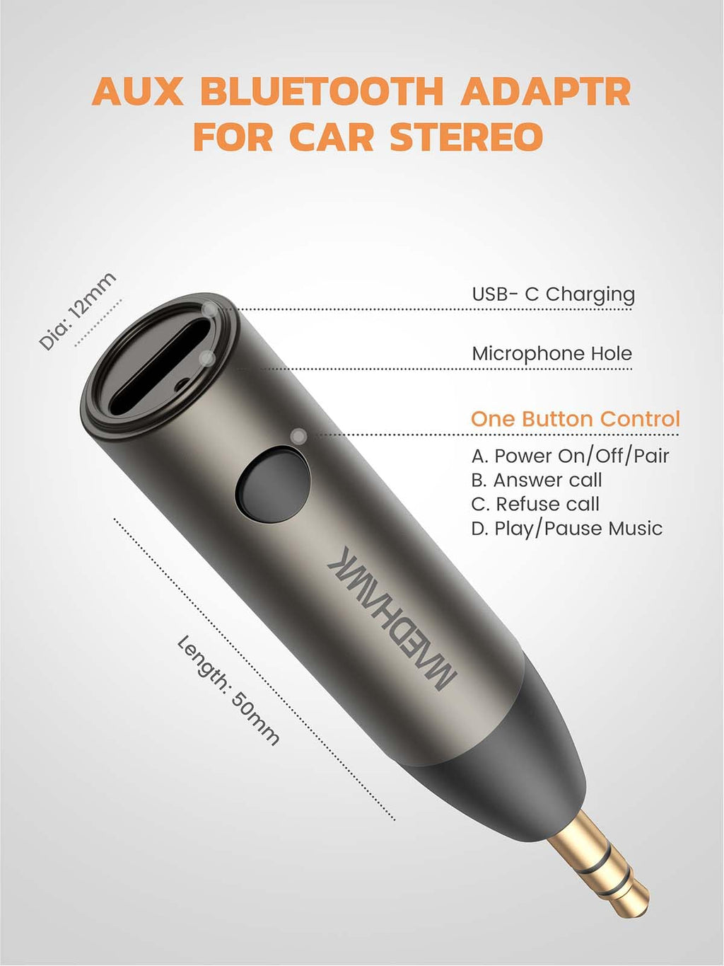 MaedHawk Aux Bluetooth 5.3 Adapter Auto, Drahtloser Bluetooth Empfänger Mini Adapter AUX Für Stereo/Kabelgebundene Kopfhörer, Freisprechgespräche, Dual-Verbindung