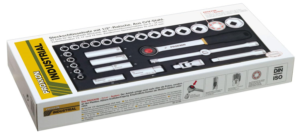 PROXXON Steckschlüsselsatz, Für die kraftvolle Mechanik mit 1/2"-Umschaltratsche, 29-teiliges Werkzeug-Set mit Stahlkasten, 23000