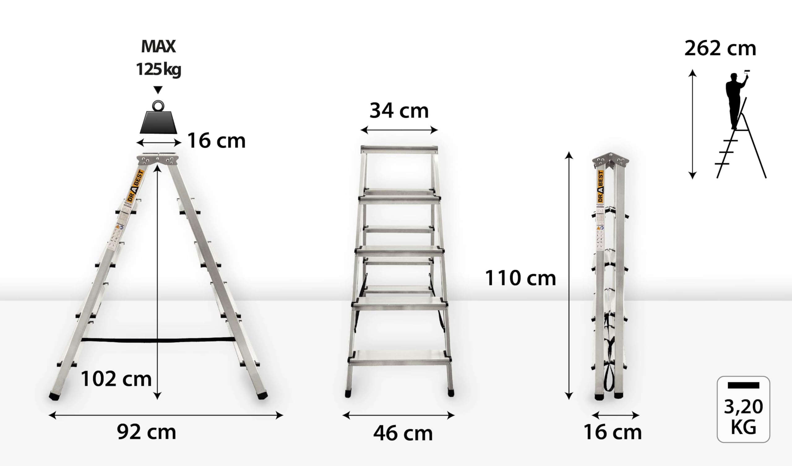 DRABEST Klappleiter Klapptritt Alu Leiter 2 x 5 Stufen Trittleiter Beidseitig Mehrzweckleiter bis 125 kg Belastbar Leiter