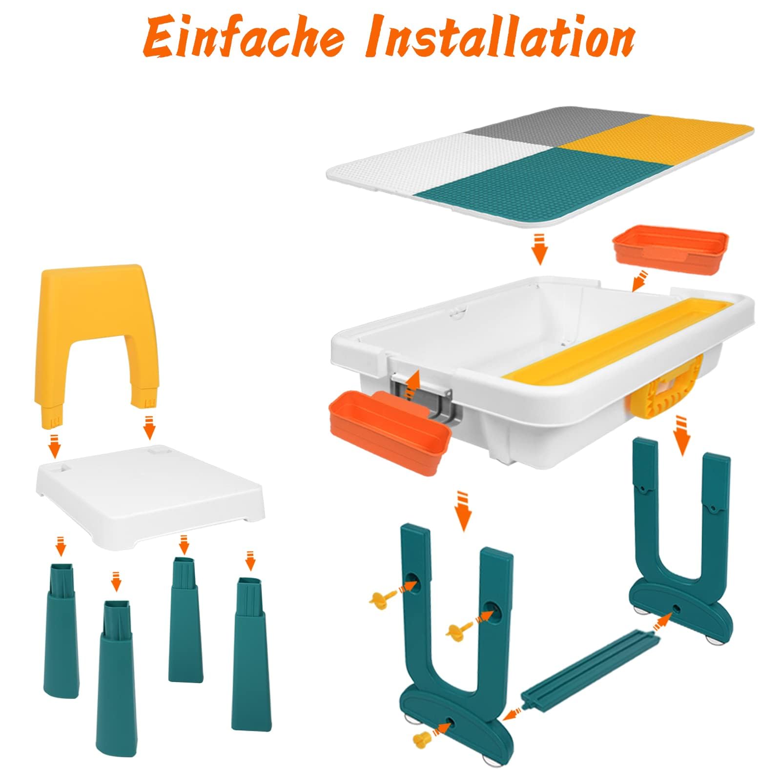 LZQ 5-in-1 Kindertisch mit Stühle Set Kinder Tisch Stuhl Spieltisch mit Bausteine und 2 Stühle Doppelseitiger Tischplatte Multifunktionaler Aktivitätstisch mit Stauraum für Lernen Lernspiele