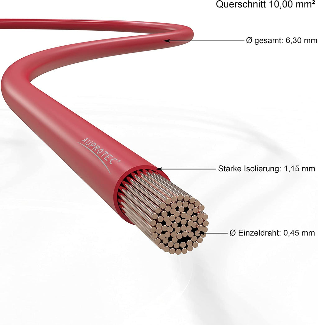 AUPROTEC 5m Fahrzeugleitung 10,0 mm² Fly Batteriekabel Stromkabel Massekabel, Farbe rot
