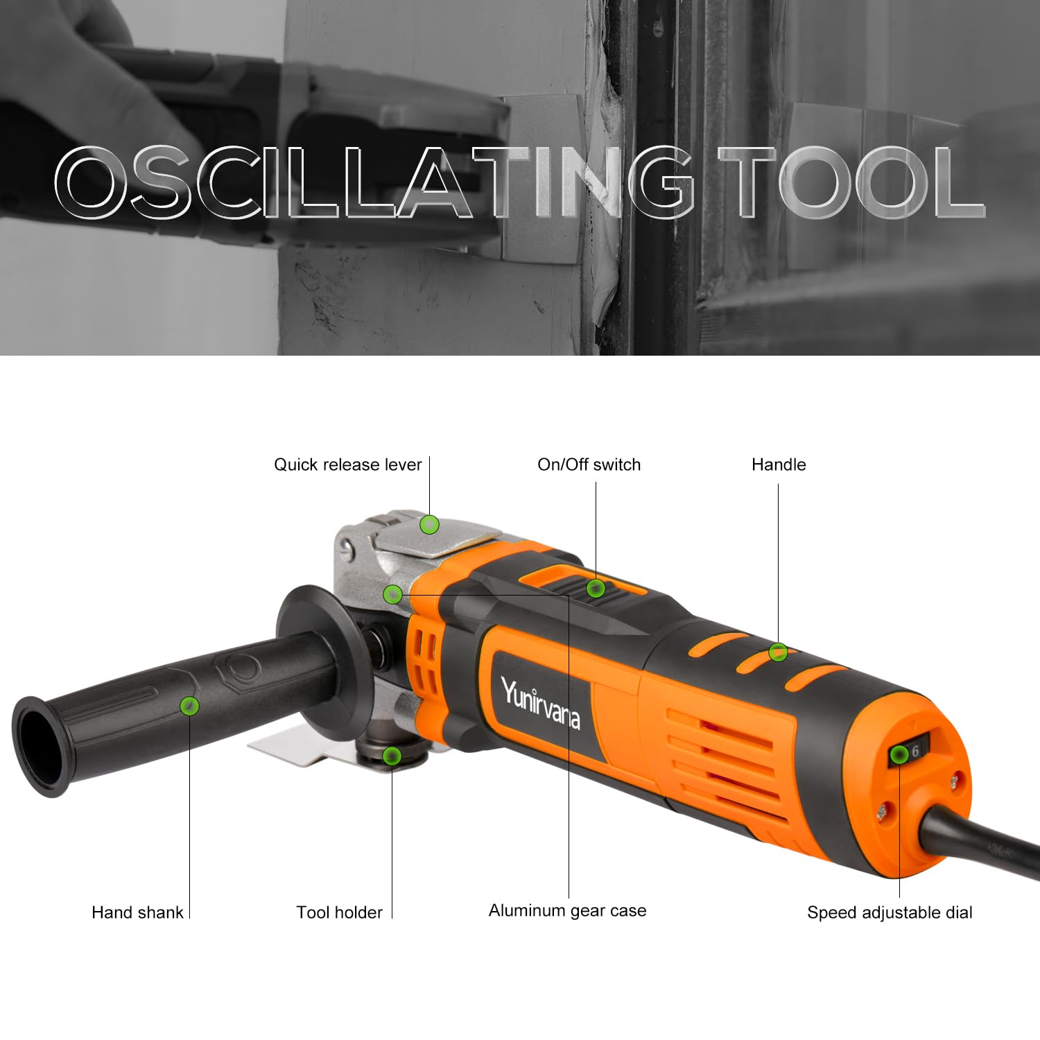 Yunirvana 400W Oszillierendes Multifunktionswerkzeug, oszillierend, 6 variable Geschwindigkeiten, 15.000 – 22.000 U/min, Oszillierender Winkel: 4 °, 28 Zubehörteile, Multiwerkzeug zum Schneiden