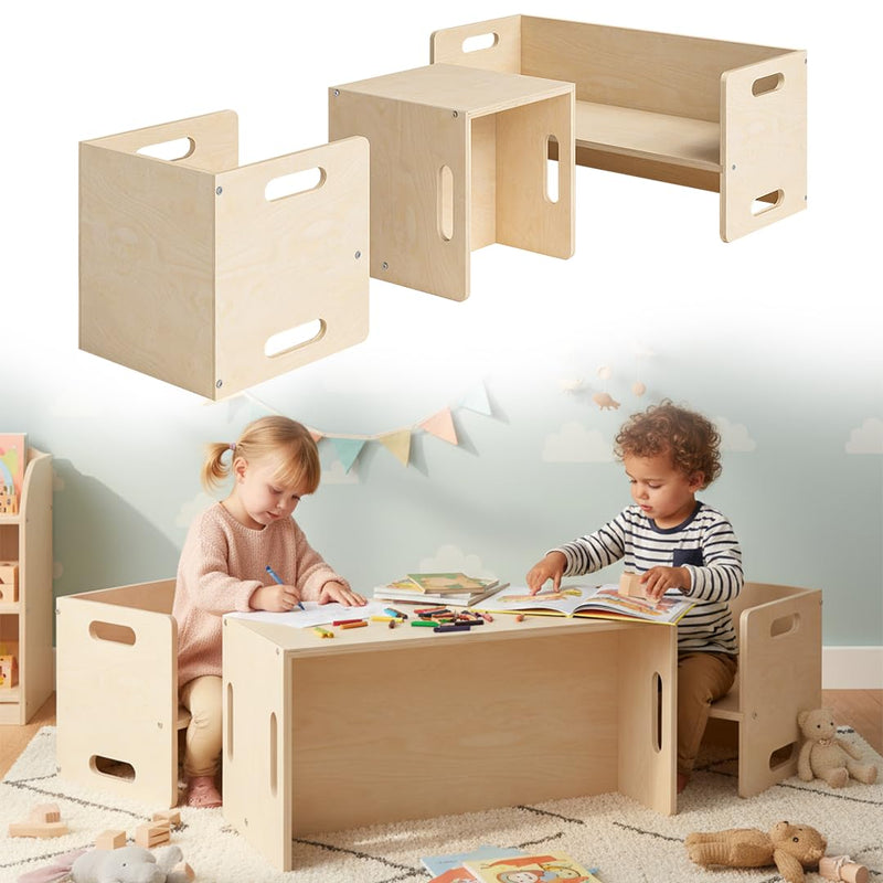 Bellabino Aki Kindersitzgarnitur - Kindermöbel Set 3 teilig - 2in1 Kinderhocker/Beistelltisch aus Holz Natur - Montessori Wendebank Birke - Kindersitzgruppe Indoor - Kindertisch mit Kinderstuhl