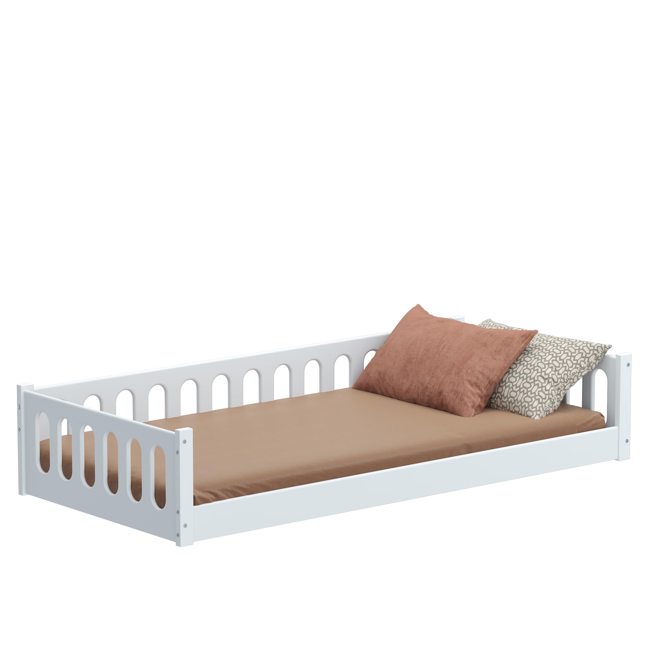 CADANI Monte 2in1 Bodenbett 90x200 cm Montessori Kinderbett Rausfallschutz abnehmbar - weiß, 37 kg schwer, bis 200 kg belastbar, extra starker Roll-Lattenrost, umbaubar