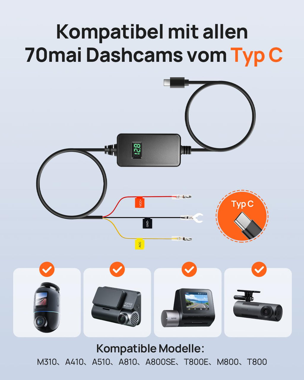 70mai Dashcam Hardwire Kit UP06, Typ-C Festverdrahtungs-Kit mit Dreistufig Einstellbarem Niederspannungsschutz, Kompatibel mit 70mai M310/A510/A810/4K Omni/T800E/T800, 24Std. Parkmodus