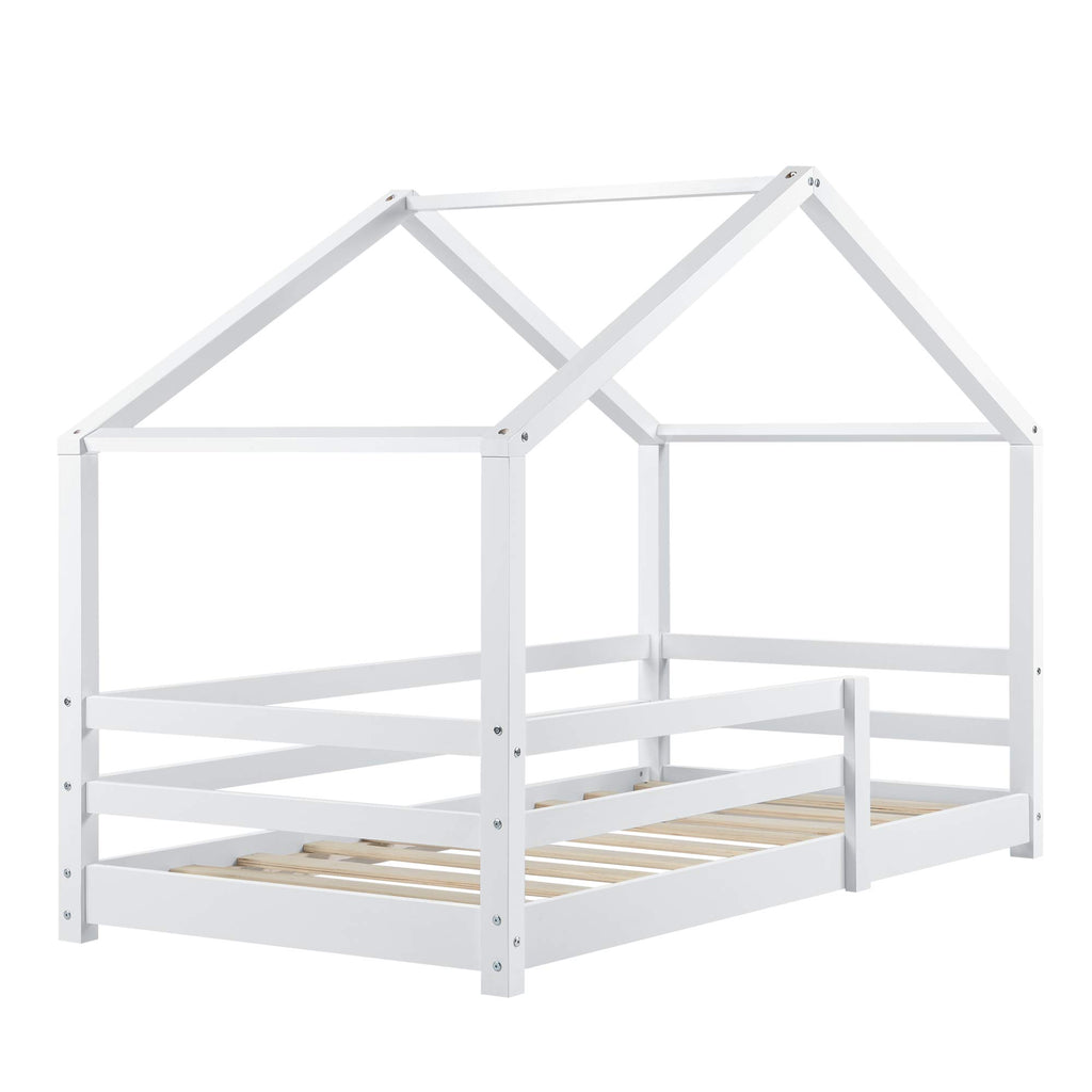 [en.casa] Kinderbett Knätten Hausbett Bodenbett 90 x 200 cm Holzbett für Kinder mit Rausfallschutz Bettgestell mit Lattenrost Kiefernholz Weiß