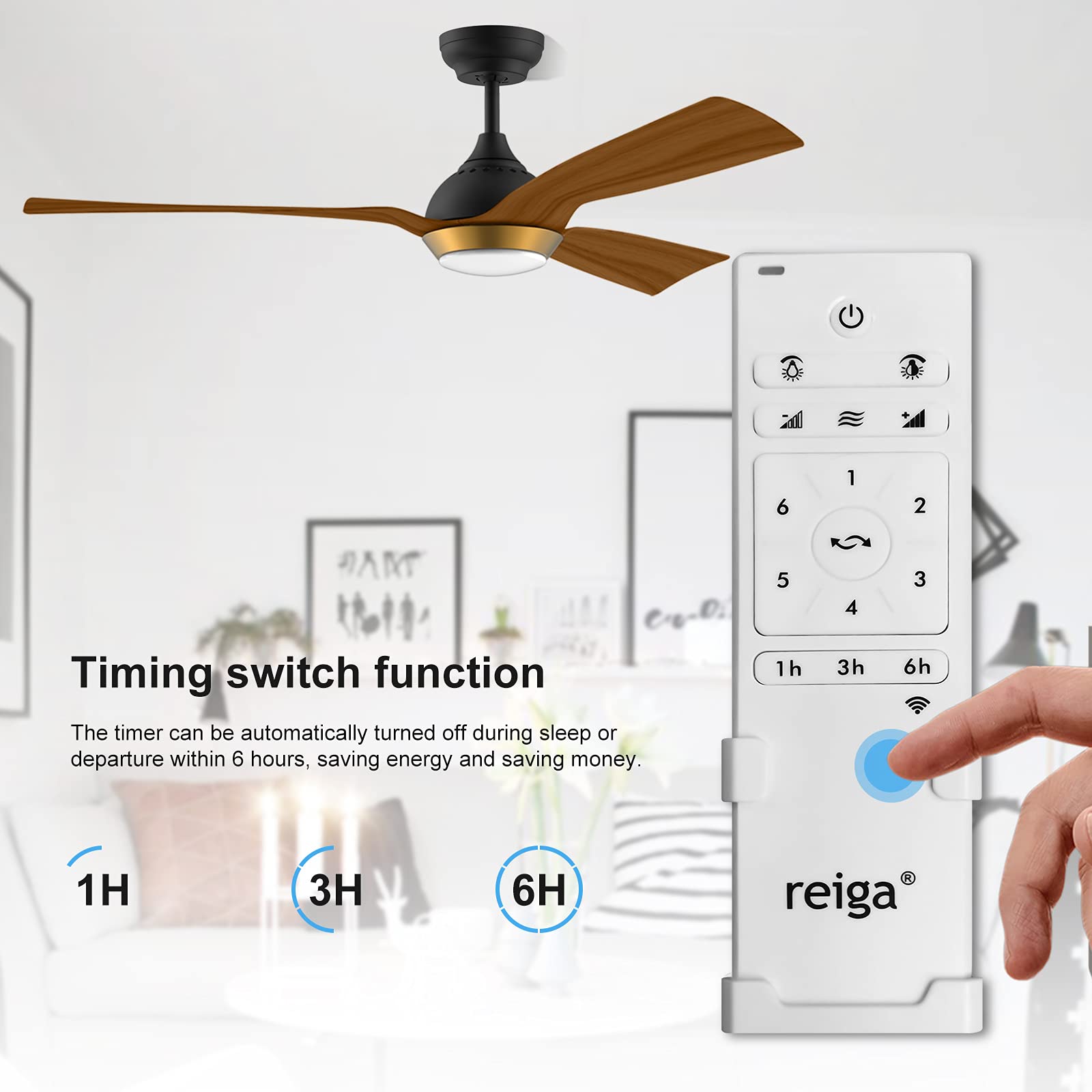 reiga Deckenventilator mit dimmbarer LED-Beleuchtung 132 cm Leiser DC-Motor mit starkem Luftstrom, 6 Geschwindigkeiten, 3 Farbtemperaturen, Fernbedienung für Wohnzimmer, Schlafzimmer & Büro