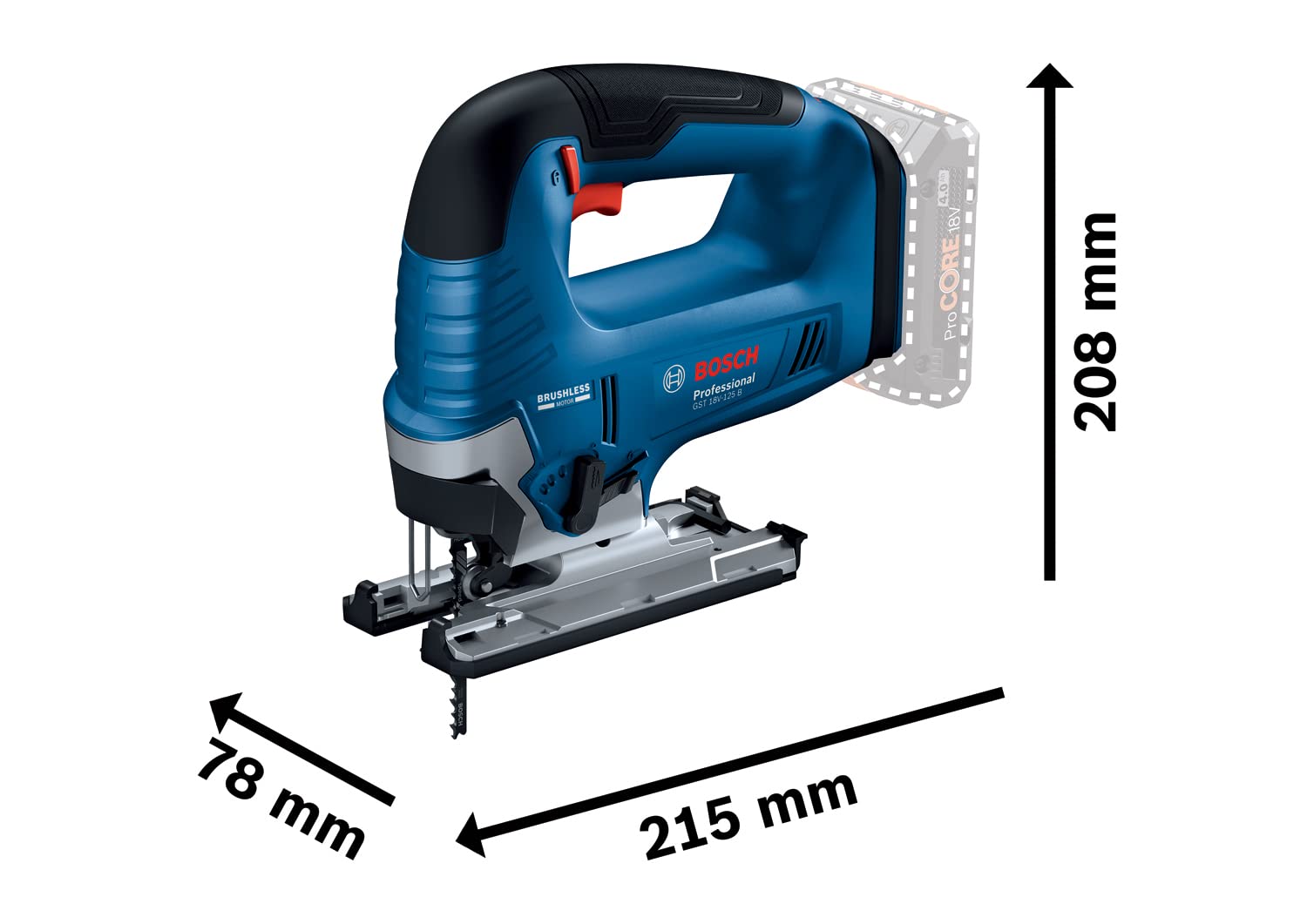 Bosch Professional 18V System Akku Stichsäge GST 18V-125 B (mit Bügelhandgriff, Neigungsschnitte bis zu einem Winkel von 45°, 1x Stichsägeblatt, Absaug-Set)