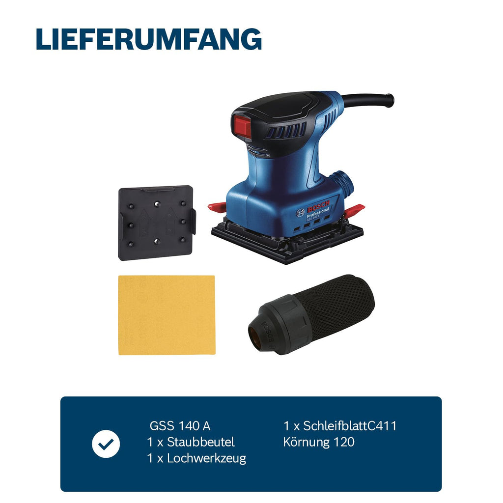 Bosch Professional Schwingschleifer GSS 140 (220-W-Motor, Vibration 3,4 m/s2, inkl. Staubbeutel, Lochwerkzeug, Schleifblatt C411)