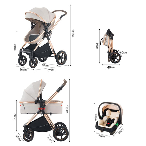 BEBBY 3-in-1 Kinderwagen KombiKinderwagen-Set 2-in-1 Buggy faltbar Luxus Hochlandschaft Neugeborenes Tragbarer Zusammenklappbarer Kinderwagen Travel System (D2-Black., H2-D)
