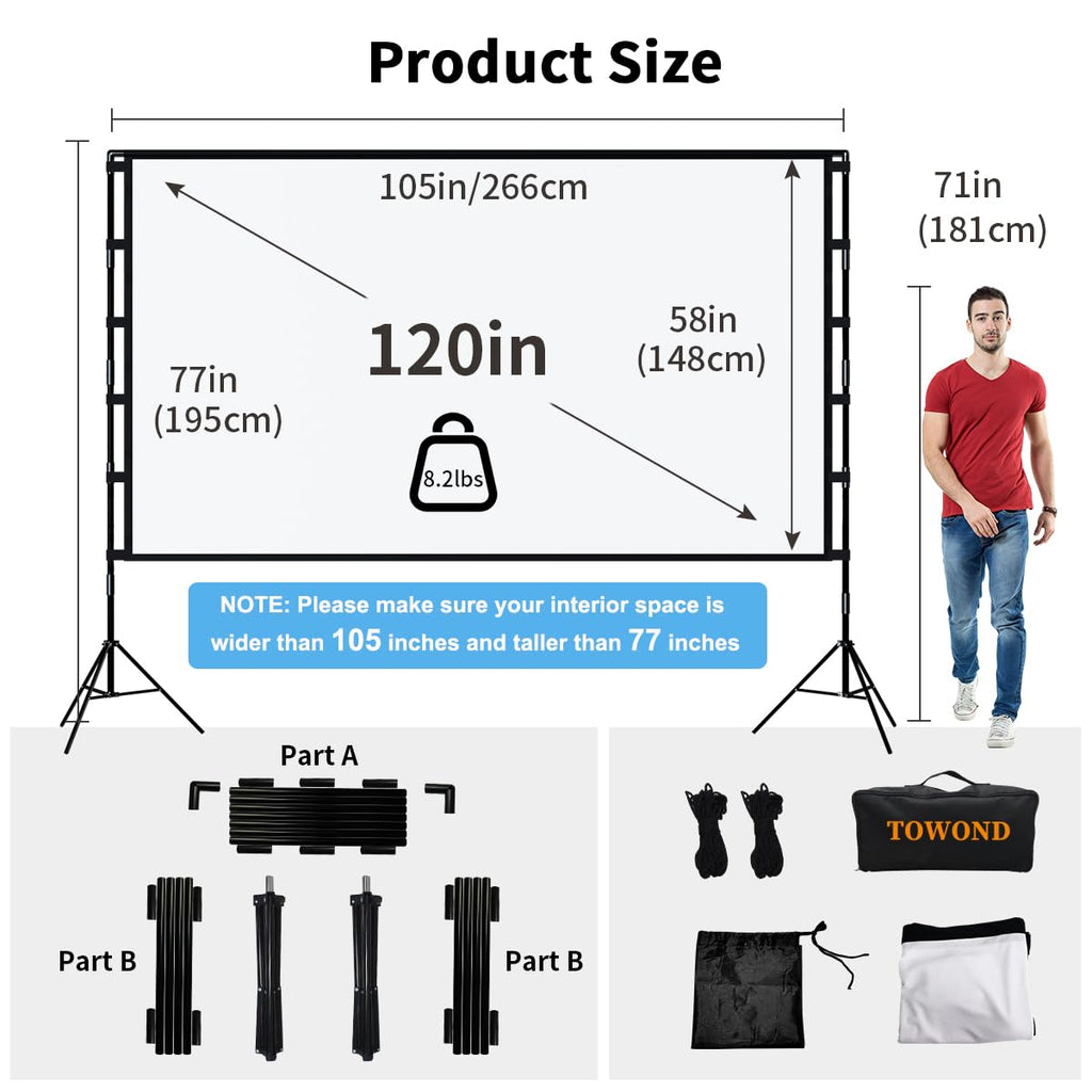 TOWOND Projektor-Leinwand und Ständer, 120 Zoll tragbare Projektionsleinwand für drinnen und draußen, 16:9, 4K HD, faltenfrei, leichte Filmleinwand mit Tragetasche für Hinterhof-Filmabend
