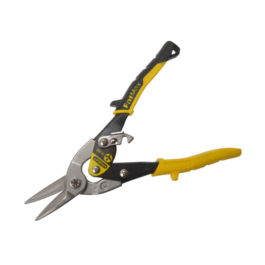 Stanley Maxsteel Blechschere (mit Durchlauf links, 250 mm Länge, Bi-Material Kunststoffhandgriff, chromveredelt, Einhandbedienung) 2-14-567 Red - Offset Left Cut