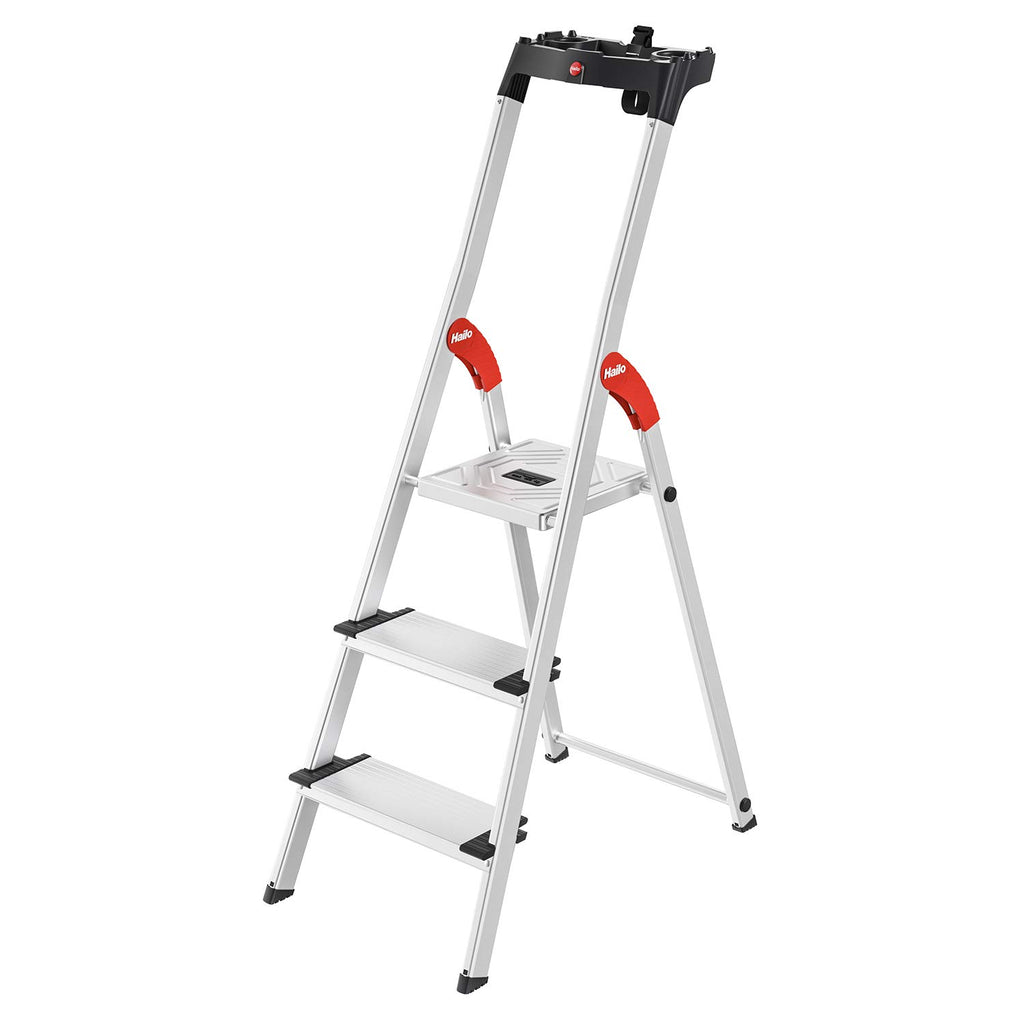 Hailo L80 ComfortLine Alu Sicherheits-Stehleiter - klappbare Leiter mit 3 XXL Stufen und Ablageschale - Arbeitshöhe bis 263 cm - Gewicht 3,6 kg - Silber