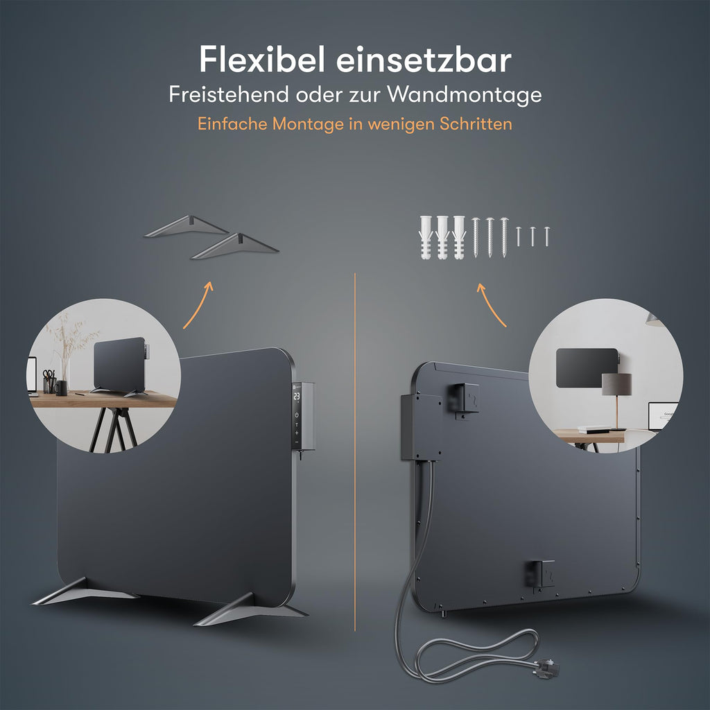 BR Bringer Infrarotheizung 450 Watt mit Smart Thermostat, WIFI & App - für Wandmontage oder als Standgerät für kleine Räume bis 10m² - sehr Energiesparend - Deutsche Qualitätsmarke (schwarz)