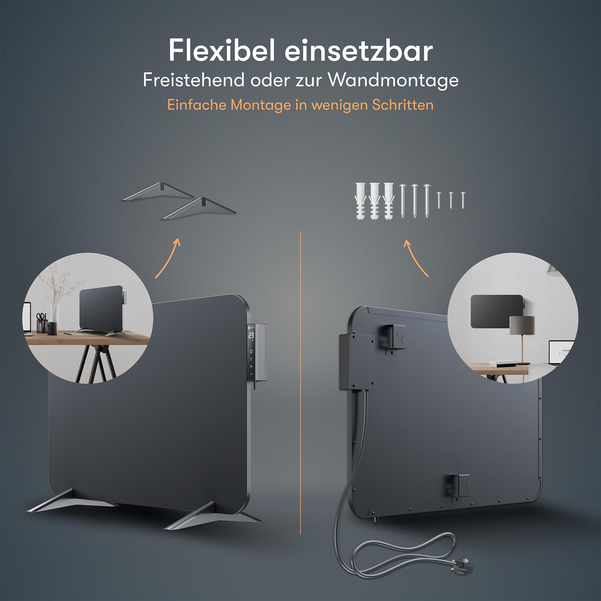 BR Bringer Infrarotheizung 450 Watt mit Smart Thermostat, WIFI & App - für Wandmontage oder als Standgerät für kleine Räume bis 10m² - sehr Energiesparend - Deutsche Qualitätsmarke (schwarz)