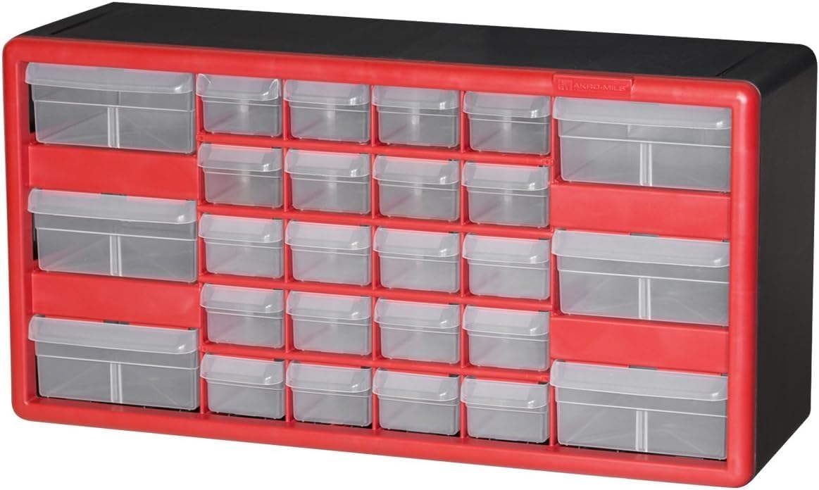 Akro-Mils 10126 26-Drawer Plastic Drawer Storage Cabinet for Garage Organization, Teacher Toolbox, Makeup Organizer, and More, 50.8 cm W x 15.24 cm D x 25.4 cm H, Red