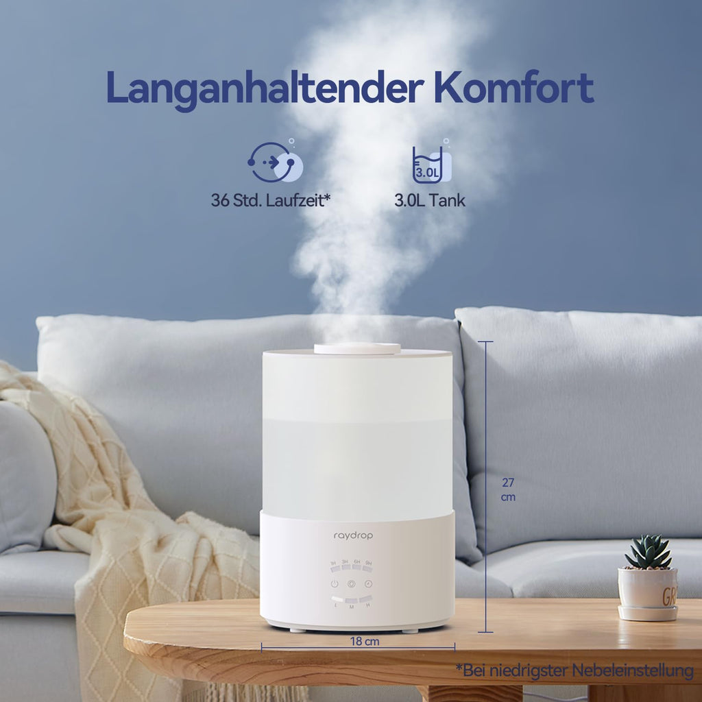 raydrop Luftbefeuchter Schlafzimmer 3L, Ultraschall Cool Mist Luftbefeuchter für große Räume & Zuhause, Top-Fill Humidifier für Baby & Pflanzen, Aroma Diffusor mit LED-Licht, Timer & Auto-Abschaltung