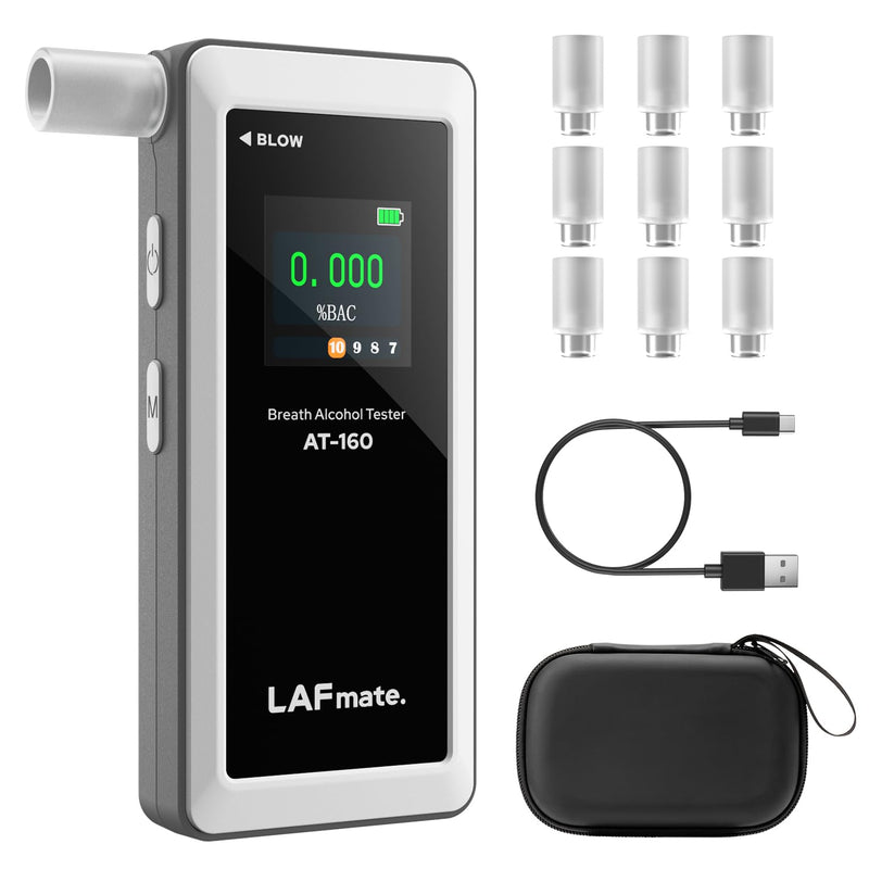 LAFMATE AT-160 Alkoholtester, hochpräziser Promilletester mit Alarmschwelleneinstellung, Breathalyzer mit digitaler LCD-Anzeige, Speicherfunktion, Typ-C-Laden, 10 Mundstücke für Heimgebrauch