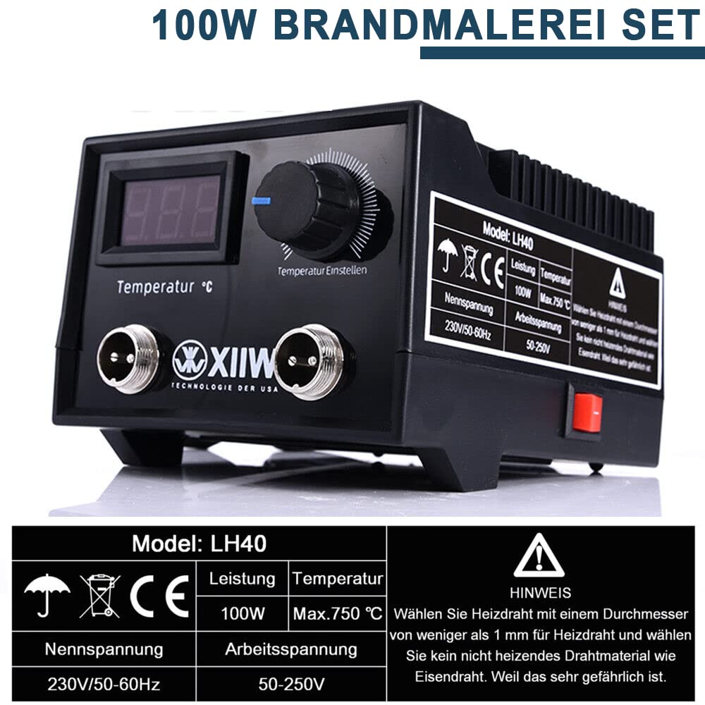 Brandmalerei 100W mit 23-teilig Spitz und zwei Stiften, Holzbrenner Brennkolben Set, Temperatur Einstellbar 0-750°C, Brandmalstation Brandmalkolben Brandmalgeräte für Holz, Leder und Kork