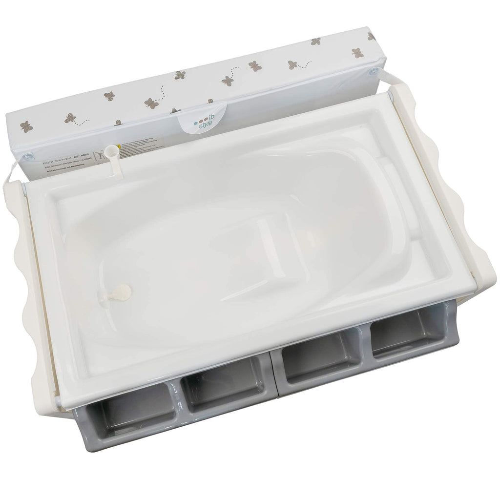 ib style ISA 2-in-1 Wickeltisch mit Badewanne, mobile Wickelkombination, rollbar, große Aufbewahrungsfläche, Wickelkommode für Babys Kleinkinder, My Little Farm Grau