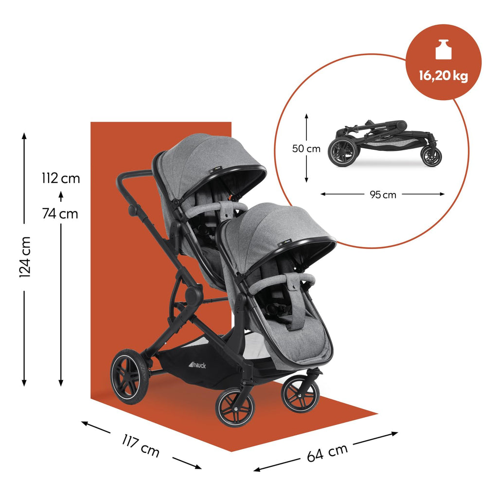 hauck Atlantic Twin, Melange Grey - Zwillingskinderwagen ab Geburt bis 15 kg je Kind - 2 Babywannen Umbaubar zu Drehbare Sportsitze mit Liegeposition - Faltbar - Höhenverstellbar - Gummi Räder