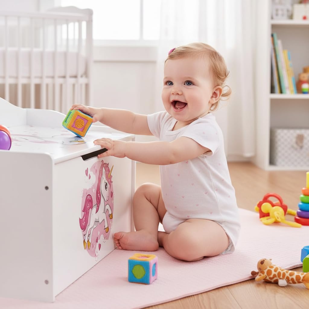 Leomark Kinderbank Hölzerne - UV-Druck: Rosa Einhorn - Kindertruhenbank, Behälter für Spielzeug, Truhe für Kinderzimmer, Höhe: 46 cm