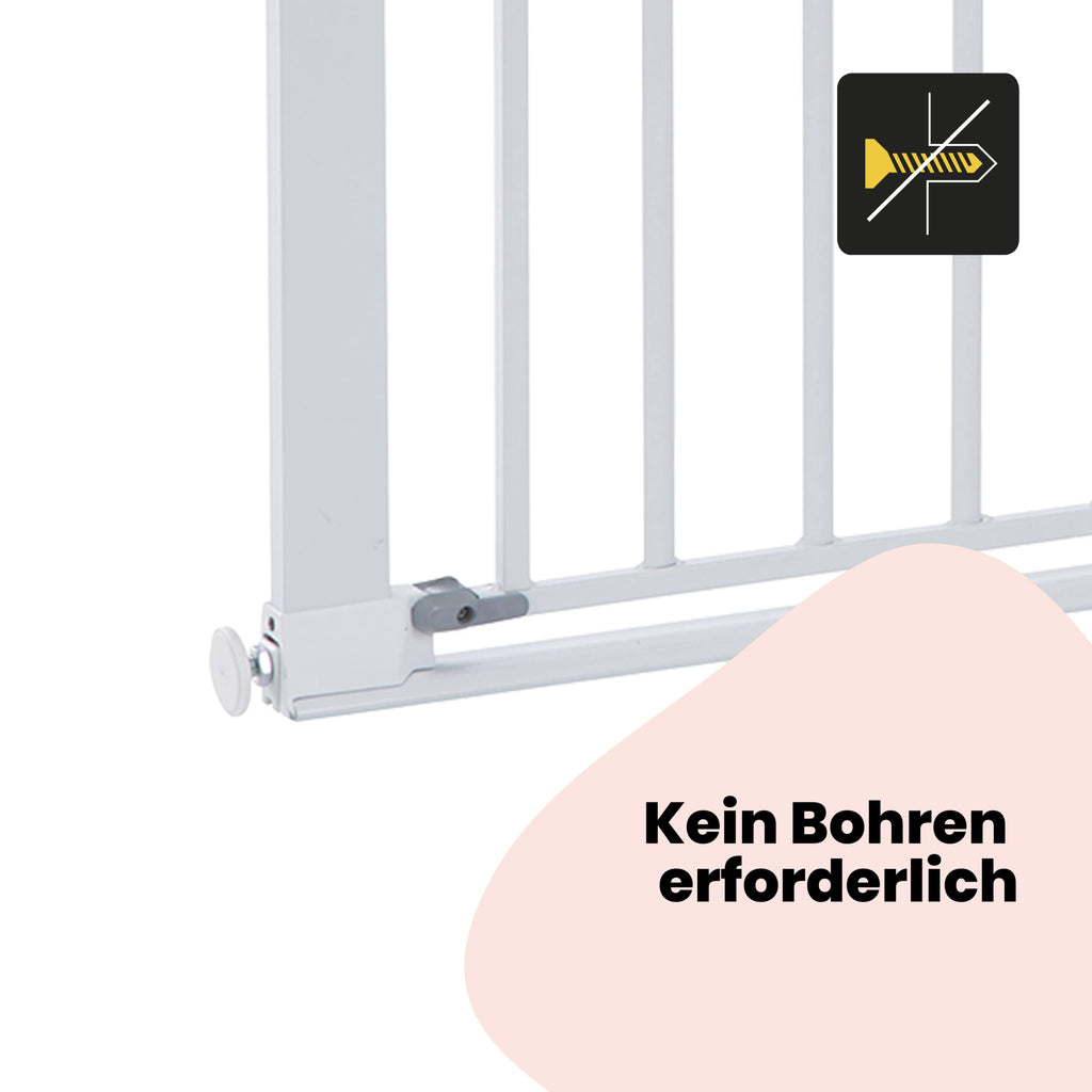 Safety 1st Flat Step Gate, Treppenschutzgitter ohne Bohren, 73–80 cm (max. 101 cm erweiterbar), Sehr Flache Türkante, Türschutzgitter "Bleibt Offen", Mit Einer Hand Öffnen, Montage ohne Bohren, Weiß
