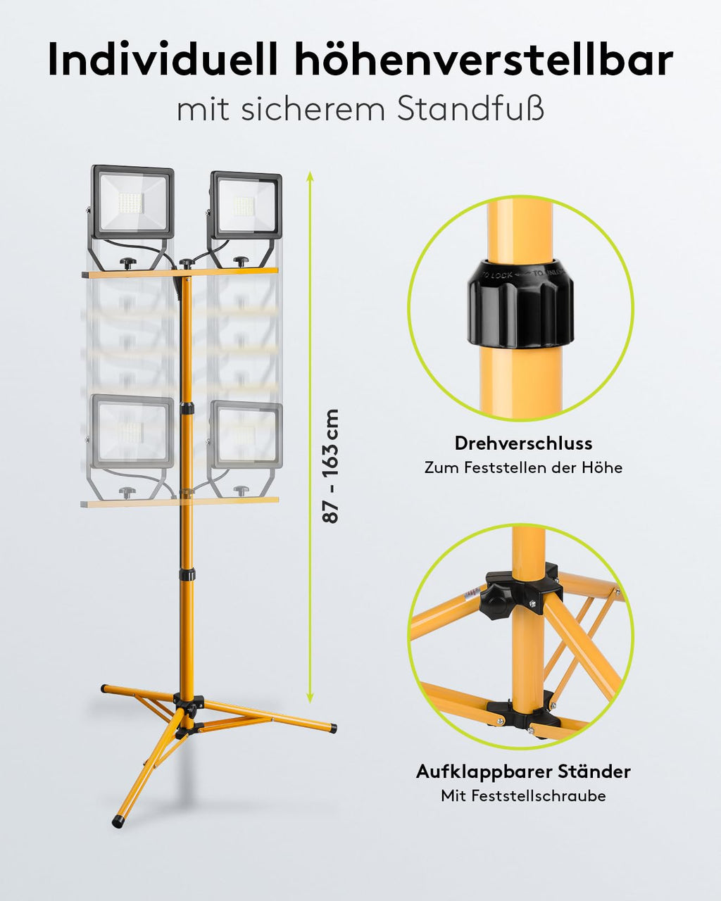Goobay 2 x 50W Baustrahler LED mit Stativ einstellbar und 2,5m Kabel für Baustelle, Werkstatt oder Keller - IP65 Baulampe LED für Innen- & Außenbereich - Strahler 2x8500 Lumen kaltweißes Licht 6500K