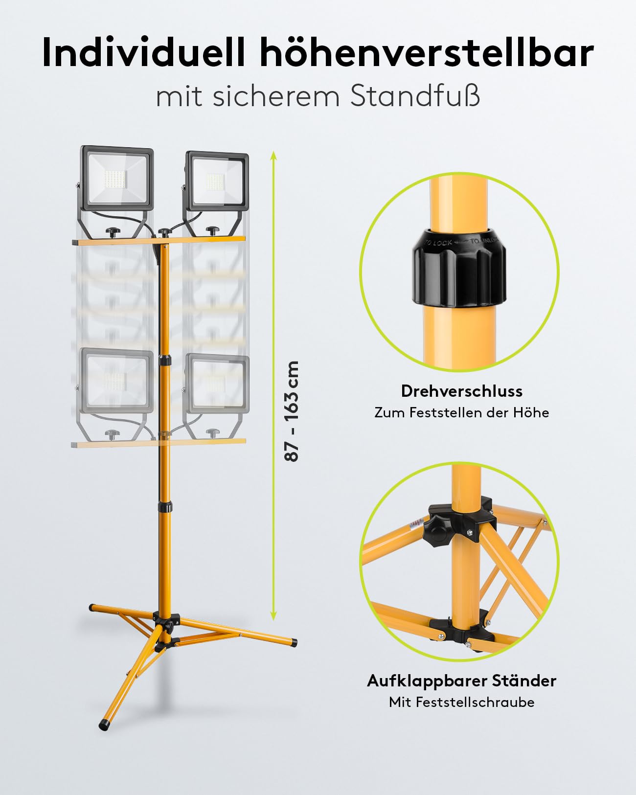 Goobay 2 x 50W Baustrahler LED mit Stativ einstellbar und 2,5m Kabel für Baustelle, Werkstatt oder Keller - IP65 Baulampe LED für Innen- & Außenbereich - Strahler 2x8500 Lumen kaltweißes Licht 6500K
