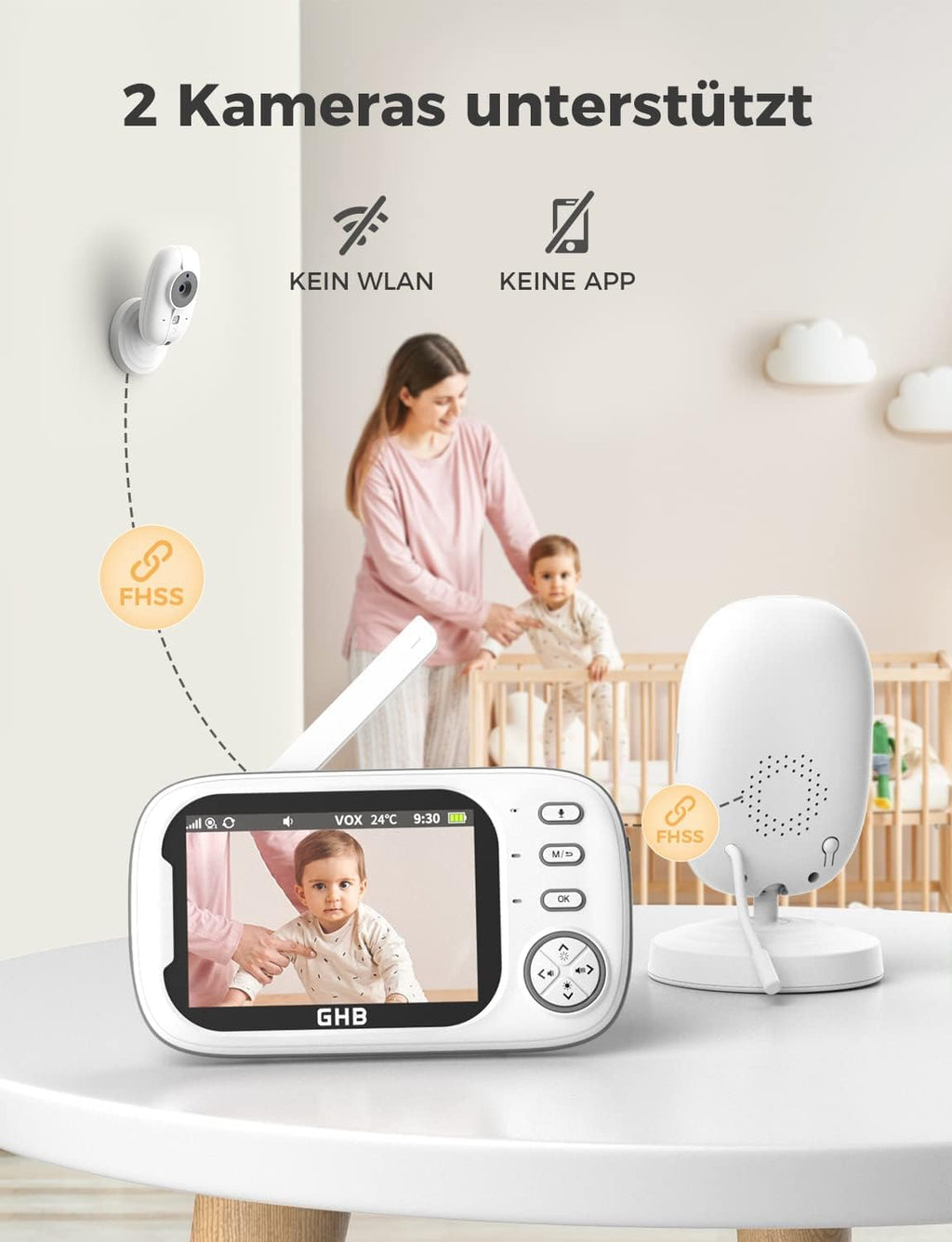 GHB Babyphone mit Kamera 3,5 Zoll Video Baby Monitor mit VOX Modus Nachtsicht Gegensprechfunktion Schlaflieder