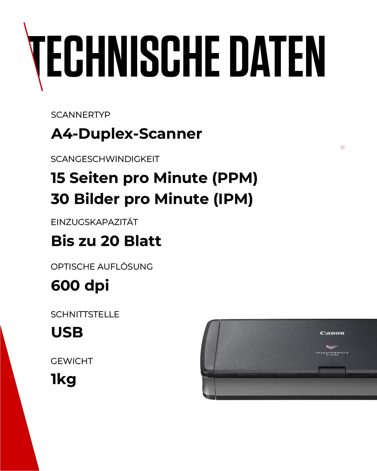 Canon P-215II imageFORMULA Scanner Dokumentenscanner (Duplex Einzug, 600 DPI, Farbscan, Canon CaptureOnTouch Software, Lite Presto! BizCard Reader, Reader PaperPort) schwarz, 9705B003