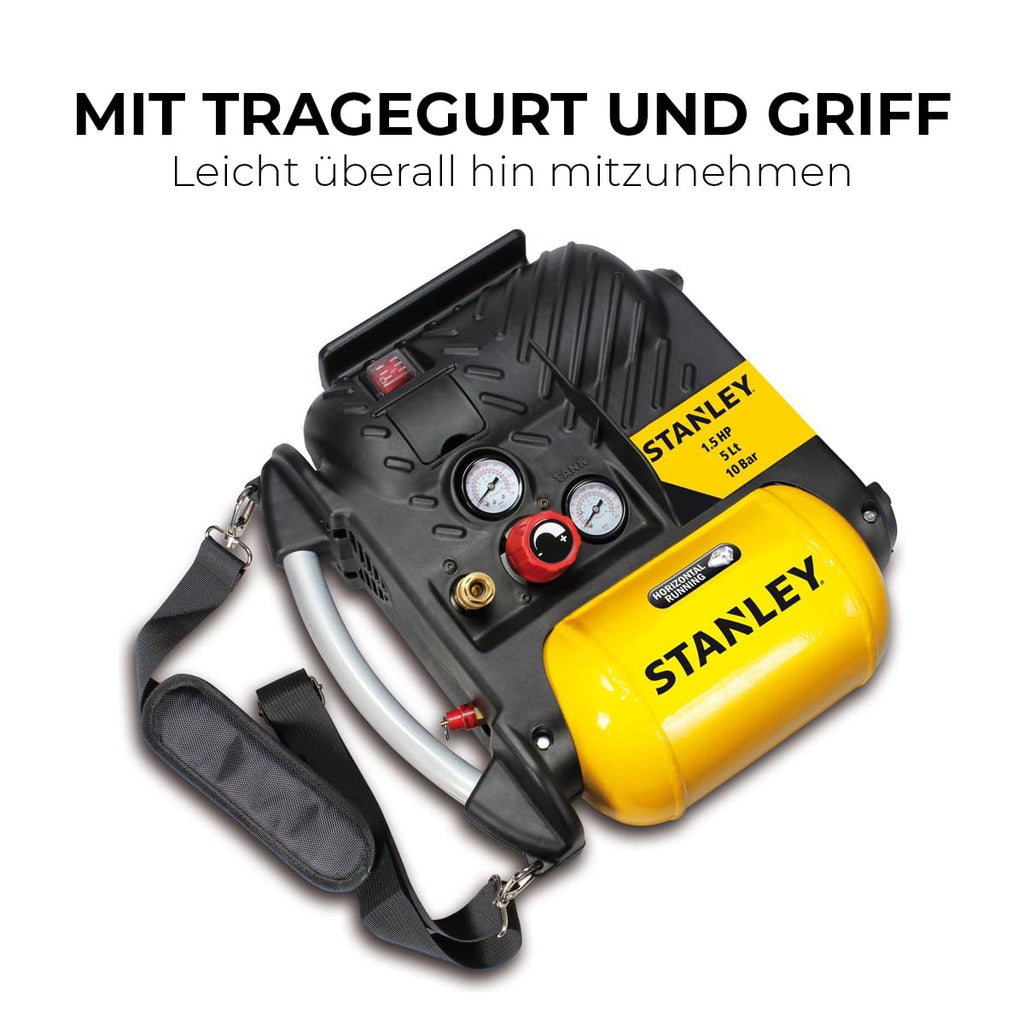 Stanley Kompressor DN200/10/5 - 10 Bar - 5L - 180L/Min - Tragbar für Autozubehör - Mini Kompressor mit Handgriff und Trageriemen - Gelb