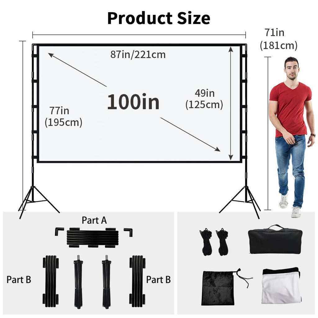 TOWOND Beamer Leinwand mit Stativ, Mobile Leinwand für Beamer 100 Zoll, Filmleinwand Indoor Projektor Tragbare Outdoor Kino, 16:9 HD Rear Front Projektion mit Tragetasche für Home Garten Party Nächte